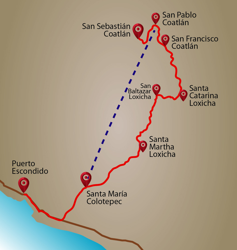 La ruta de Puerto Escondido a San Pablo Coatlán.
        La línea azul indica el trazo de la super carretera.