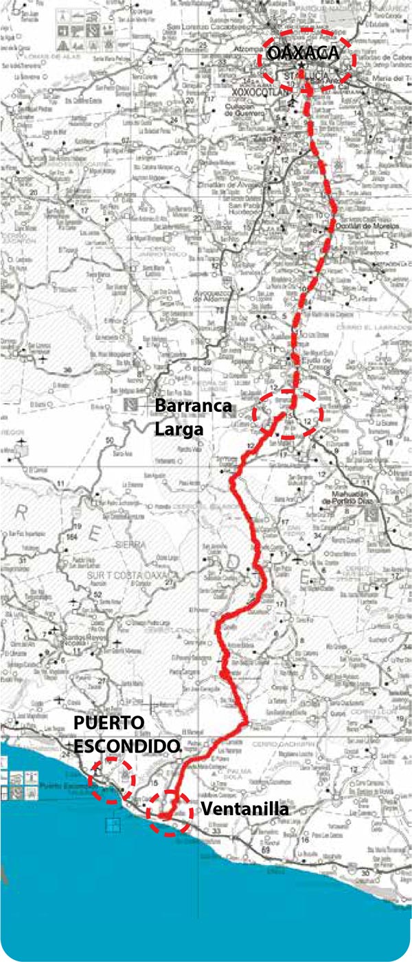 The toll road from Ventanilla, Colotepec to Barranca Larga, Ejutla is 104 km’s. Ejutla is 65 km’s from Oaxaca on Highway 175.