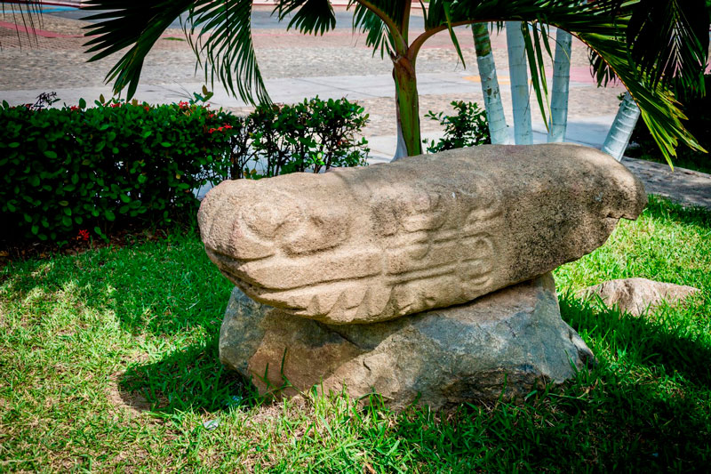 Prehispanic stele in front of the municipal capital of Sta. María Colotepec.